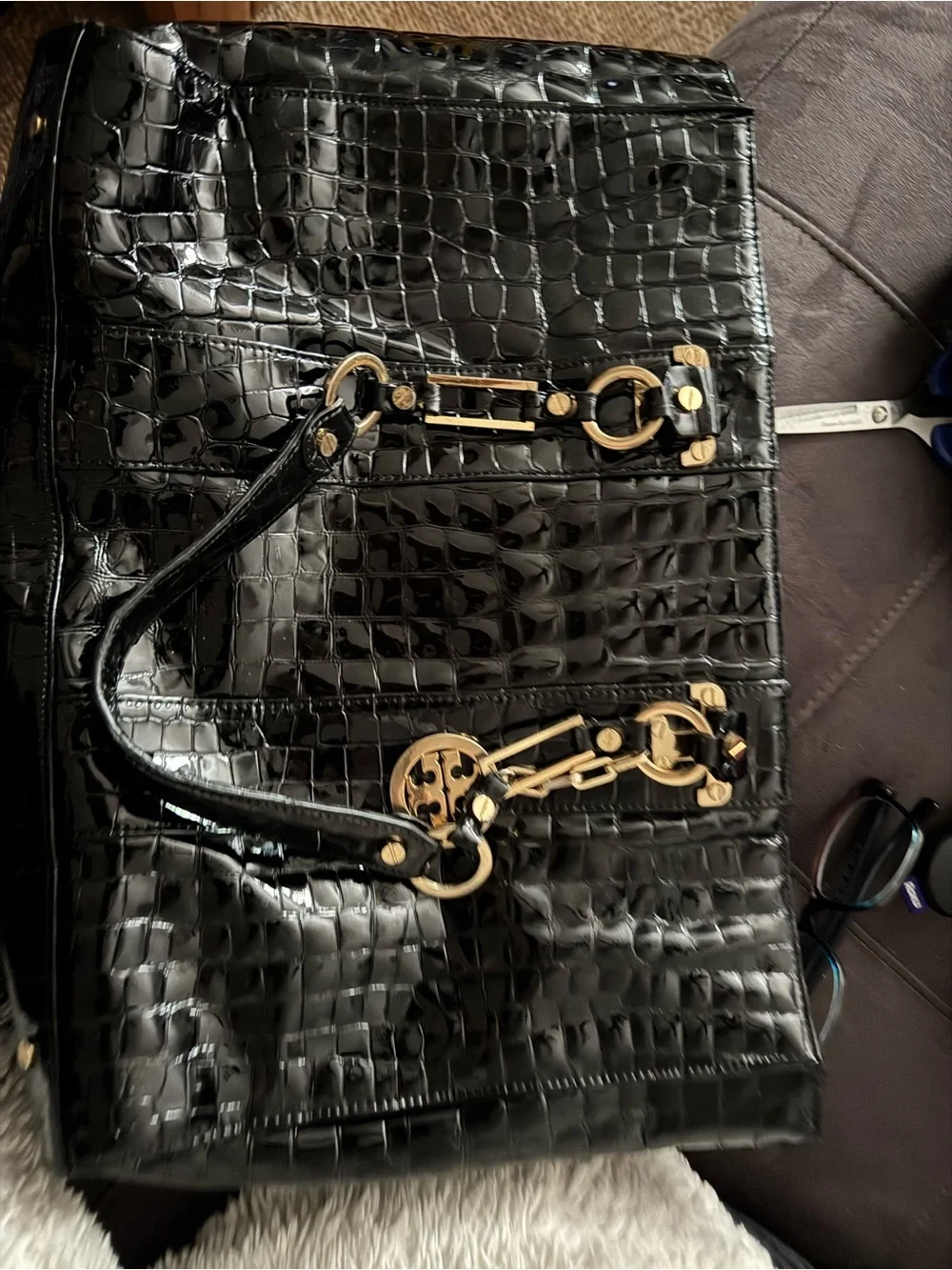 Tory Burch Black Croc-Embossed Patent Leather Tote Shoulder Bag Gold Hardware